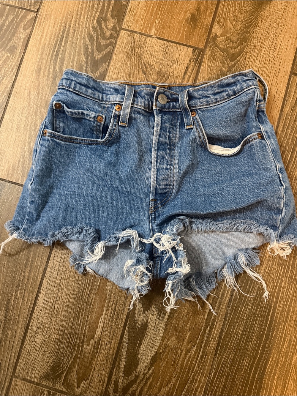 Levi's 501 Blue Frayed High-Rise Cutoff Jean Shorts - W26